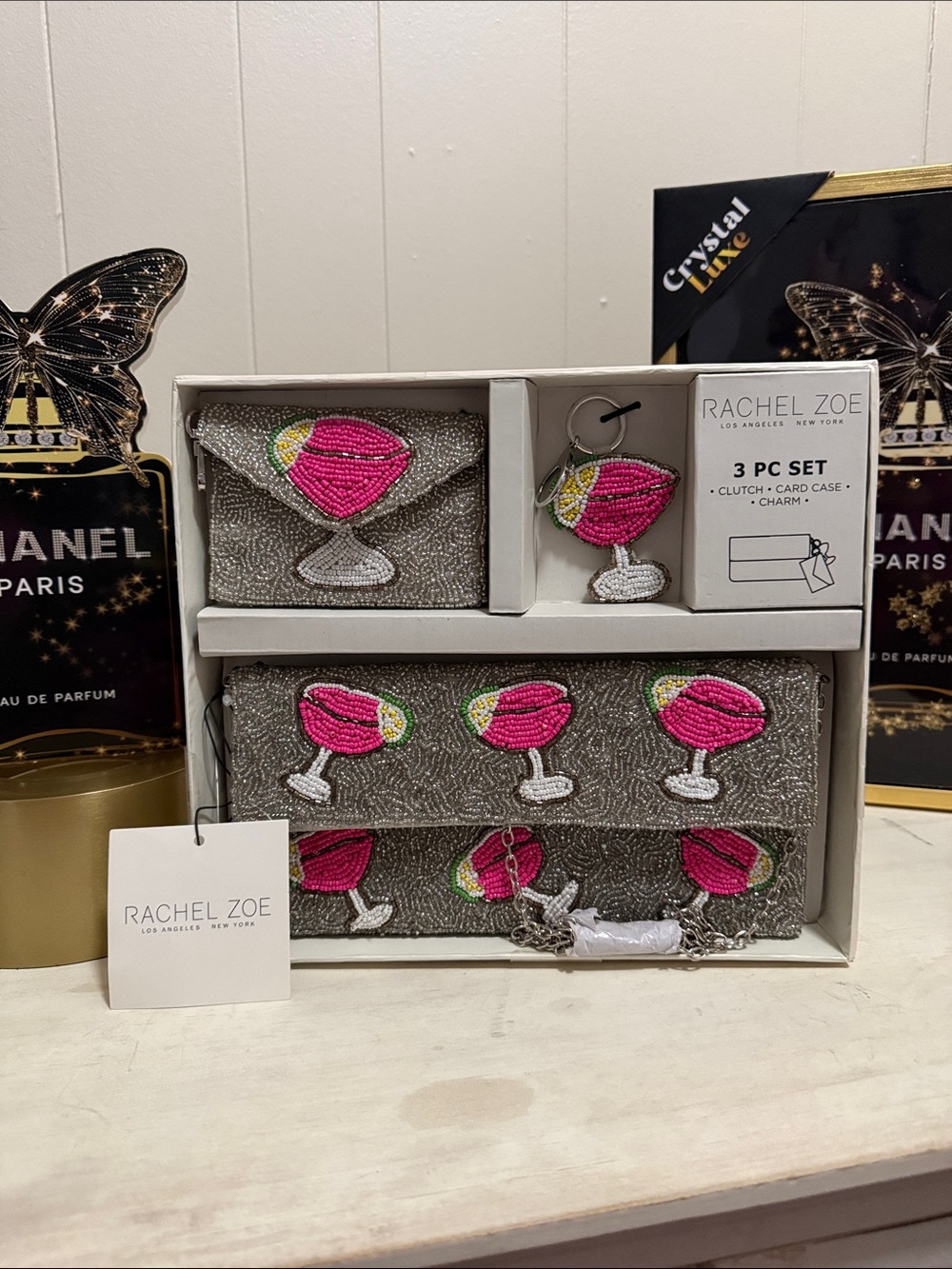 Rachel Zoe Silver Beaded Clutch Set with Pink & Lime Cocktail Embellishments